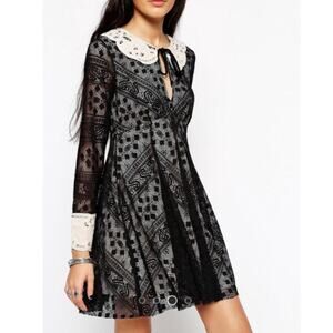 Free People Black Lace Talk That Talk Peter Pan Collar Fit Flare Dress 2 60's
